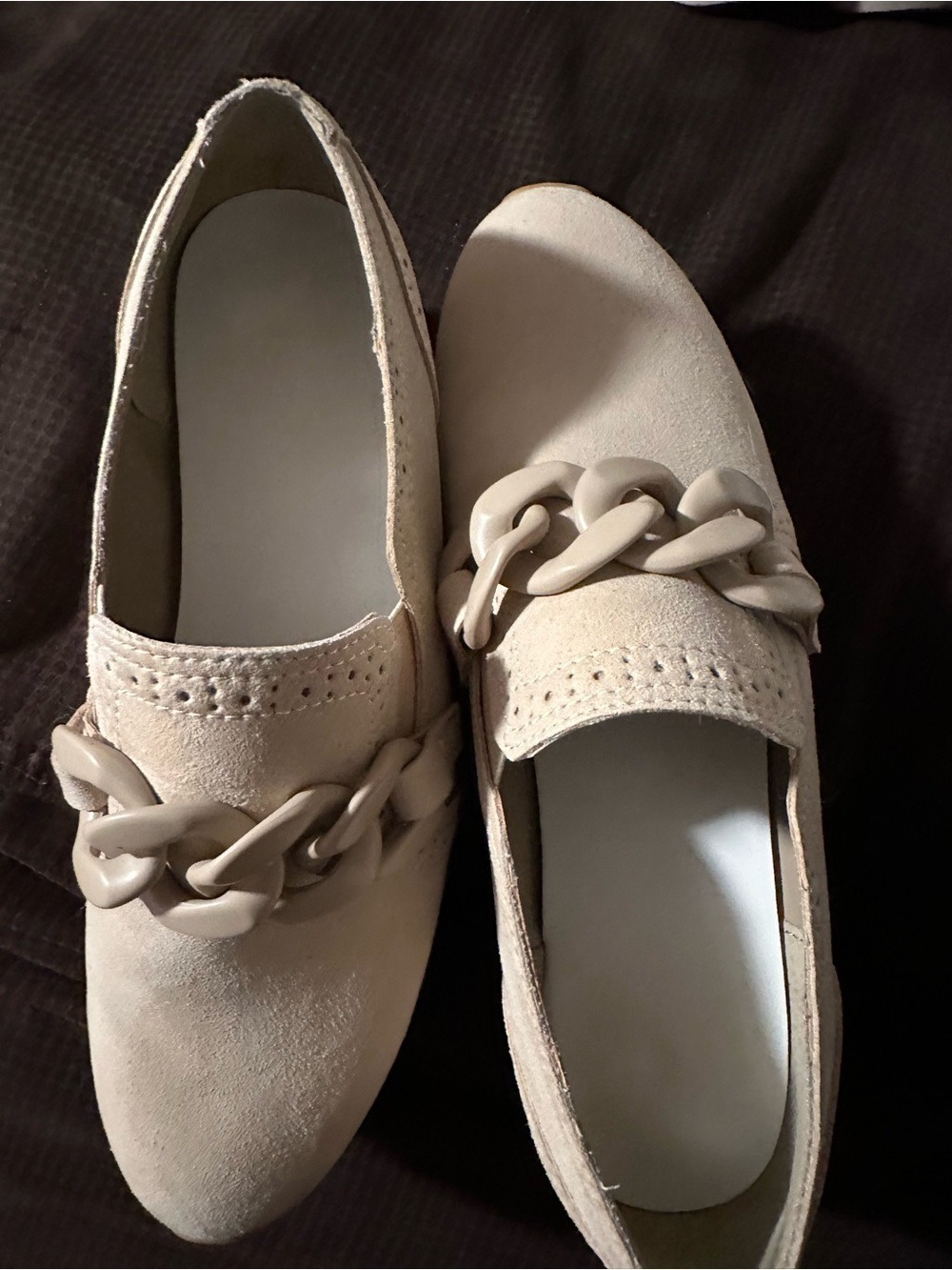 Beige Suede Loafers with Chunky Chain Accent - Picture 2 of 4
